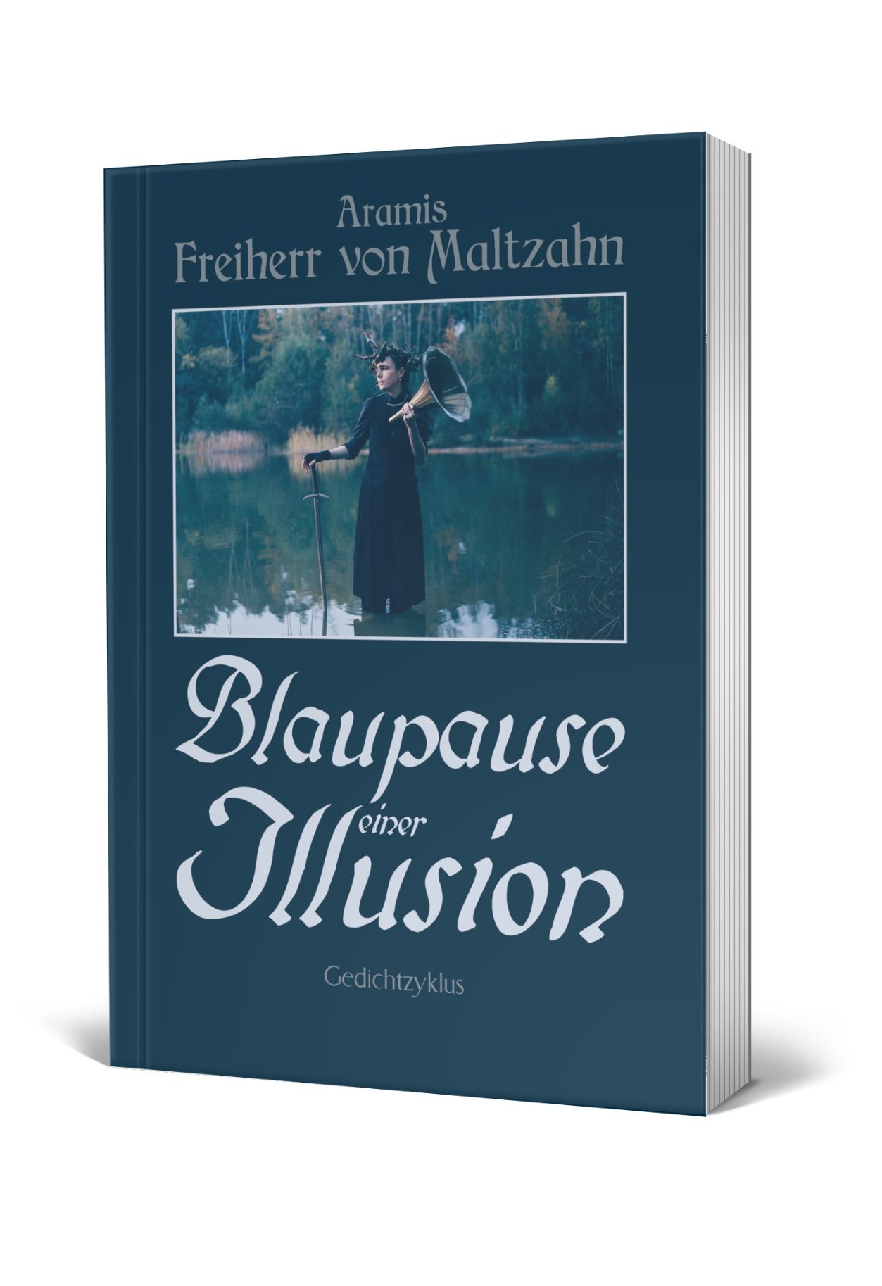 Aramis Freiherr von Maltzahn steht auf dem Buchcover in einem See und sieht der Sonne entgegen.
