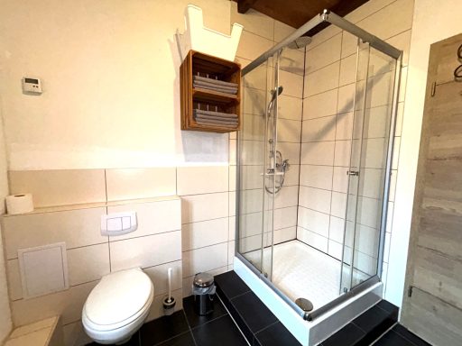 Moderne Badezimmeransicht mit Dusche, WC und Holzregal an der Wand.